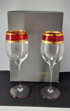 Franco SRL Italy Wine Glasses Set of 2 Ruby Red Gold Trim w/ Original Box